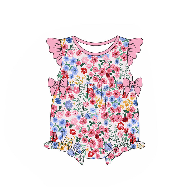 Flutter sleeves pink bow floral baby girls summer romper