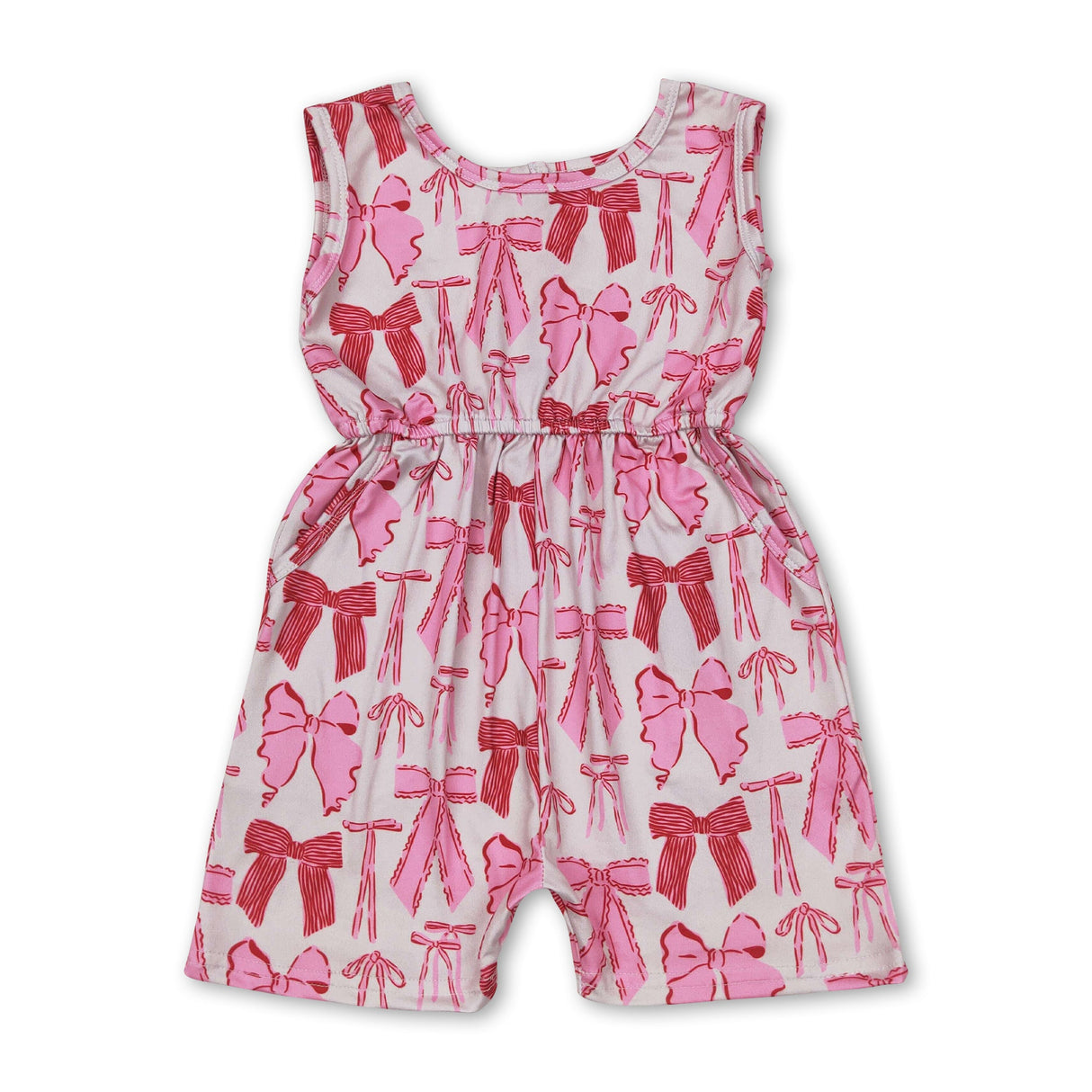 Pink short sleeves bow pocket girls summer jumpsuit