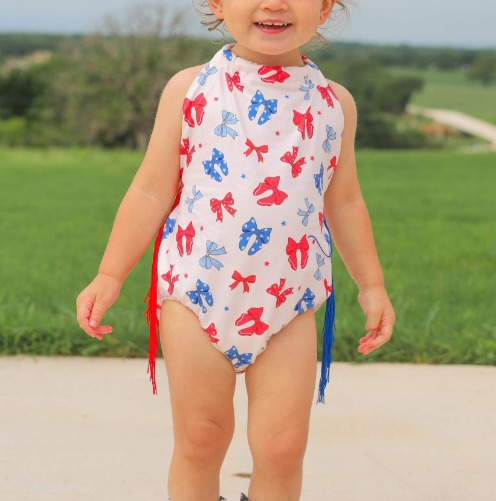 Red blue stars bow tassels baby girls 4th of july halter romper
