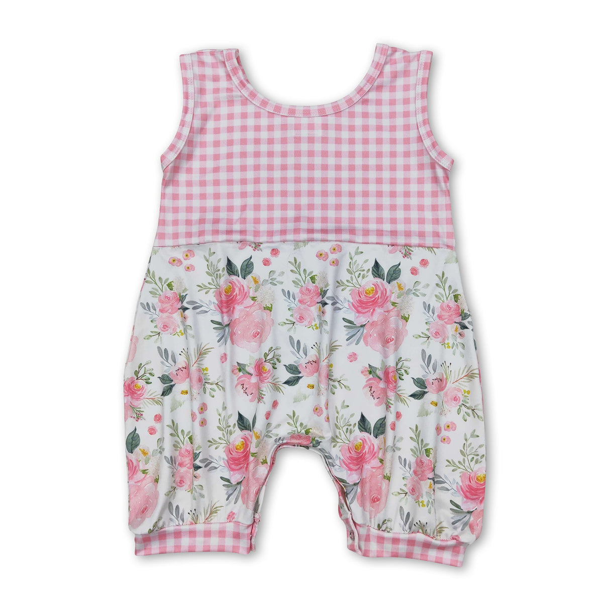 Sleeveless pink plaid floral baby girls summer romper
