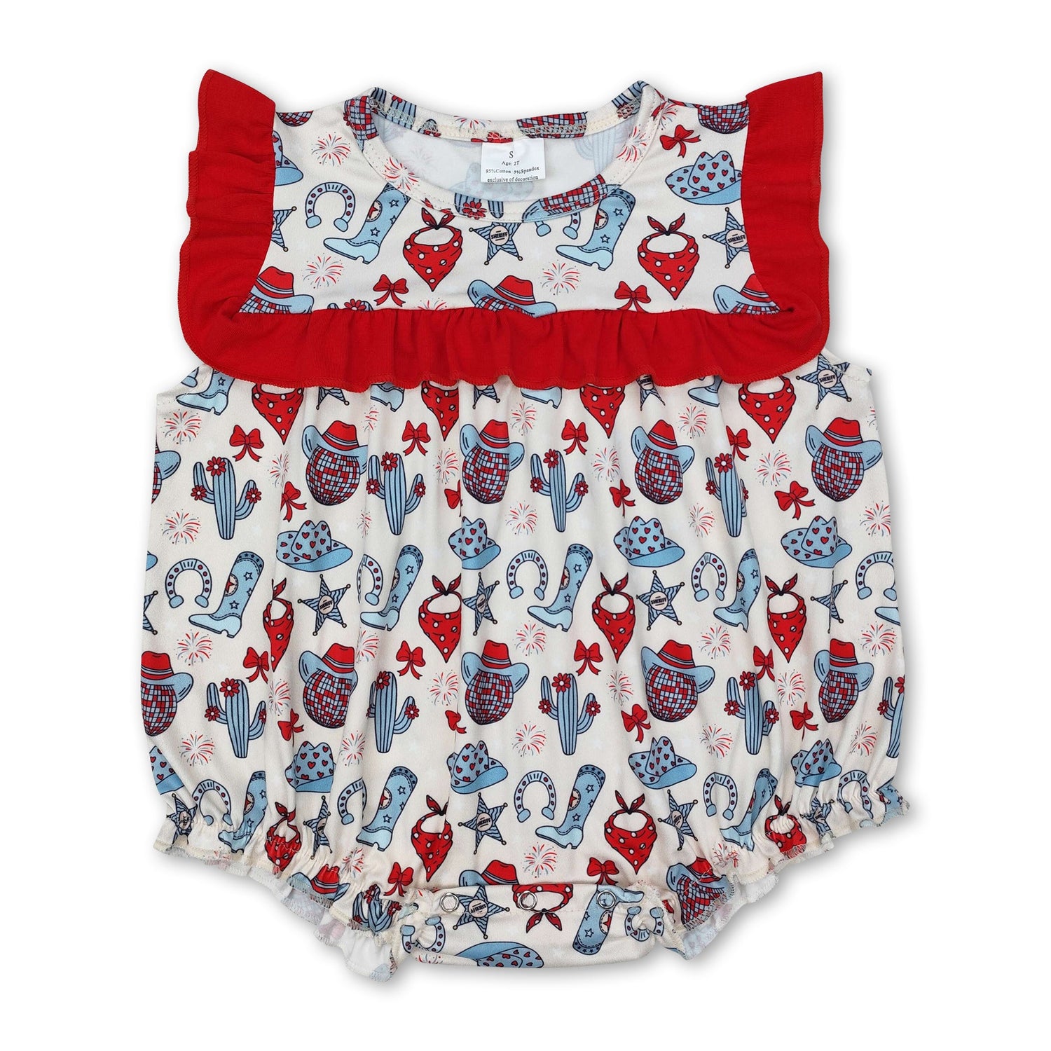 Red ruffle cactus boots western baby girls 4th of july romper