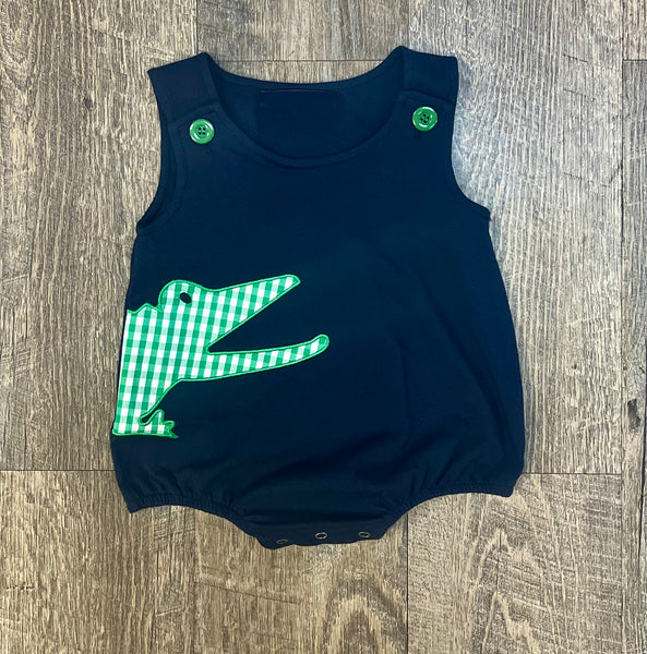 Navy sleeveless plaid dinosaur baby boy romper