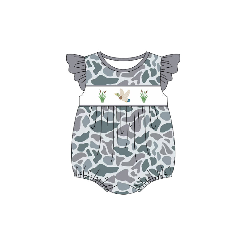 Grey flutter sleeves camo duck baby girls romper