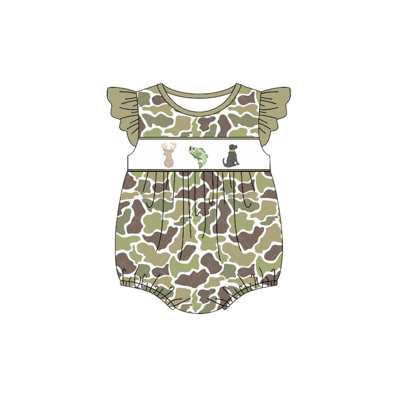 Flutter sleeves camo deer fish dog baby girls romper