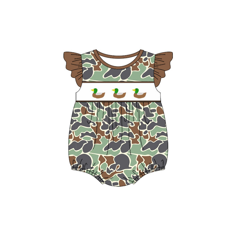 Brown flutter sleeves camo duck baby girls romper