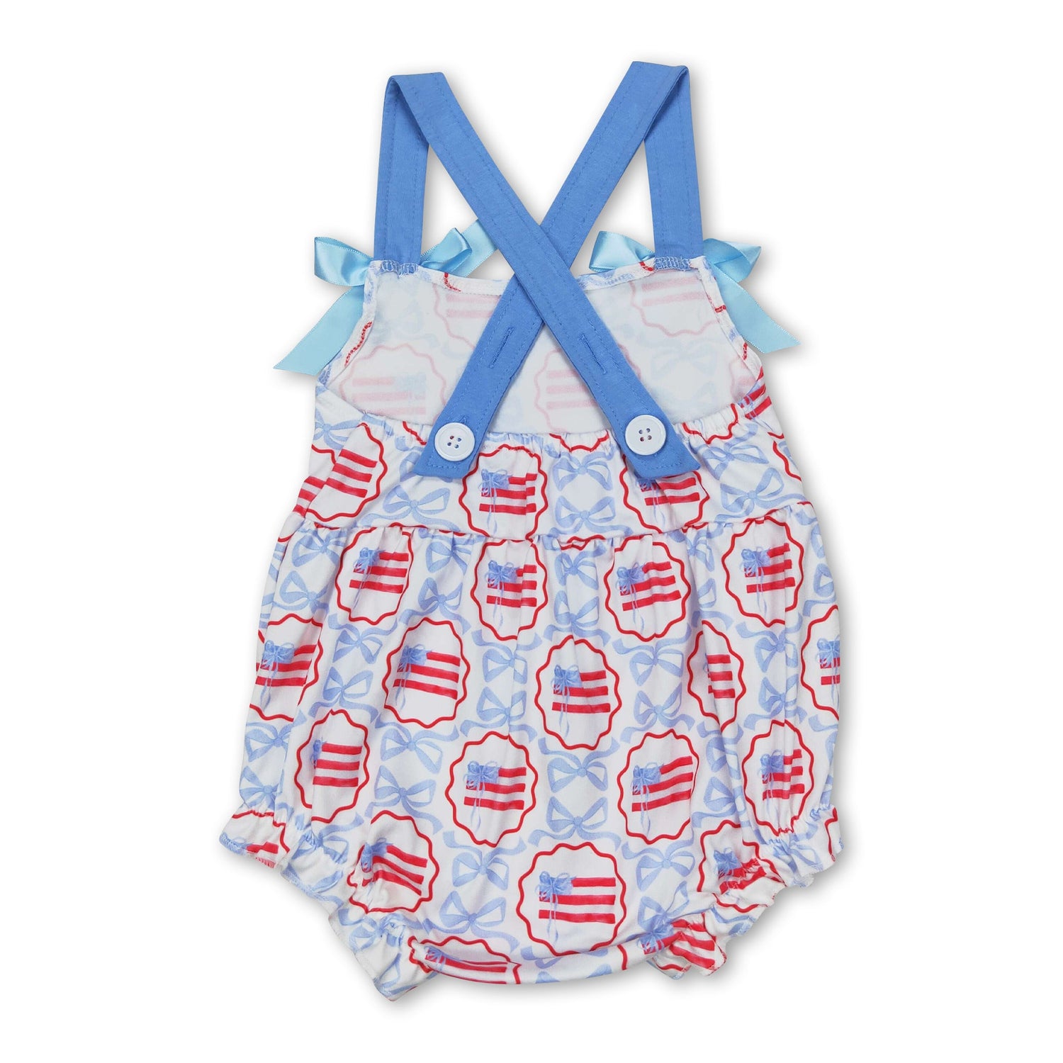 Blue straps bow flag baby girls 4th of july romper
