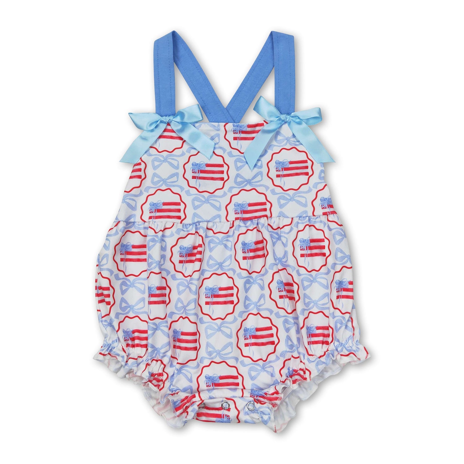 Blue straps bow flag baby girls 4th of july romper