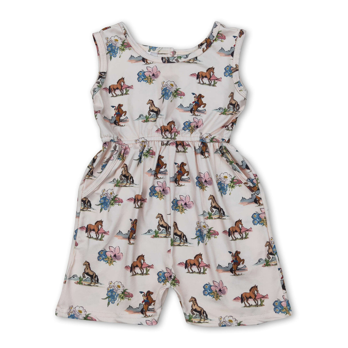 Sleeveless horse rodeo floral western girls jumpsuit