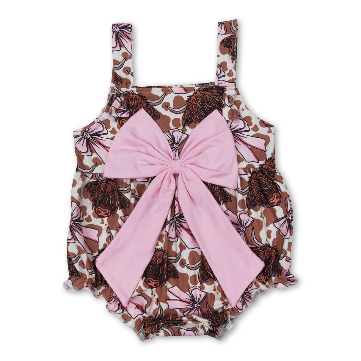 Straps highland cow pink bow western baby girls romper