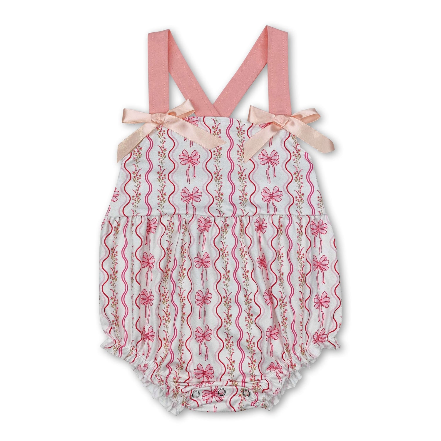 Pink straps bow floral baby girls summer romper