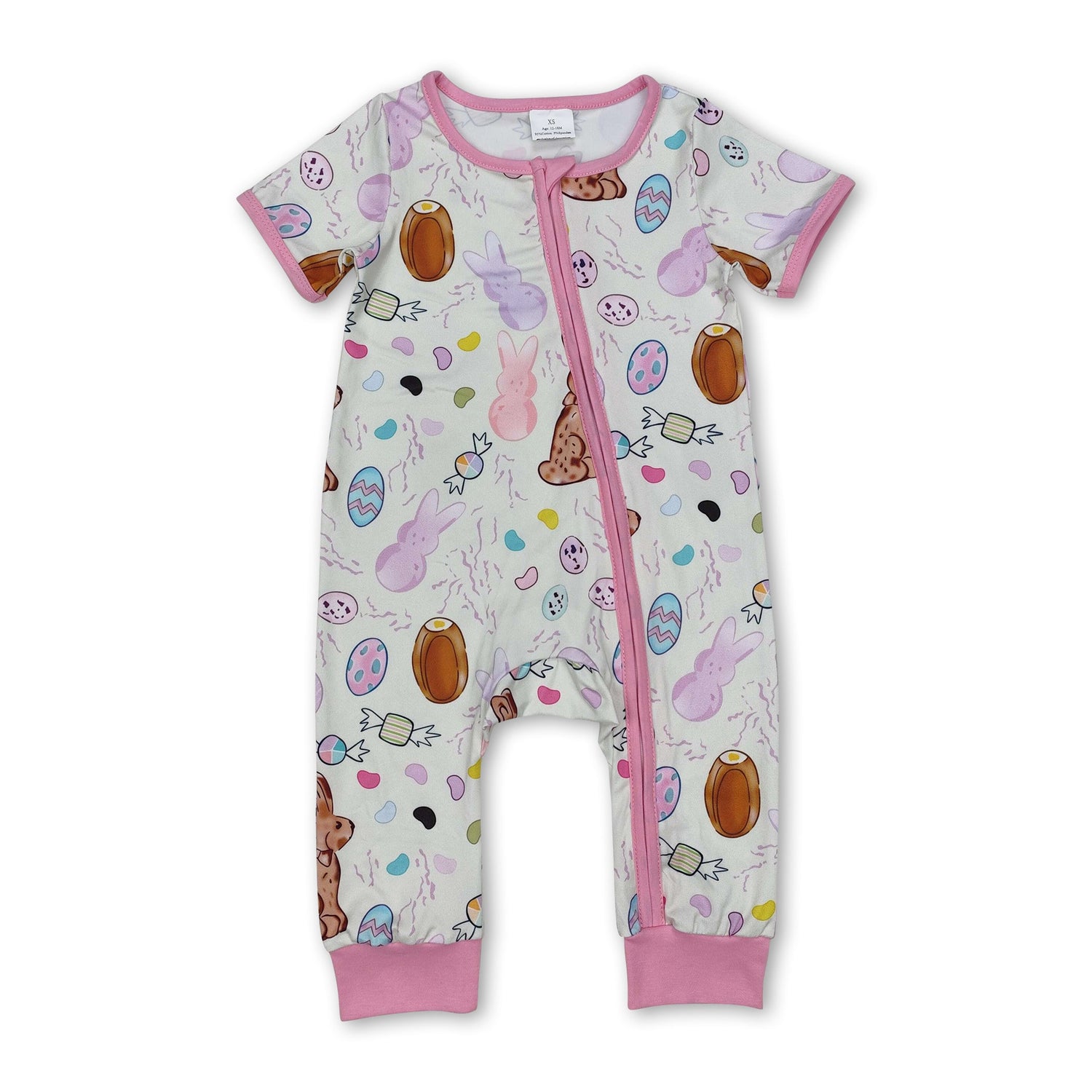 Pink short sleeves eggs rabbit baby girls Easter zip romper
