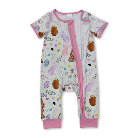 Pink short sleeves eggs rabbit baby girls Easter zip romper