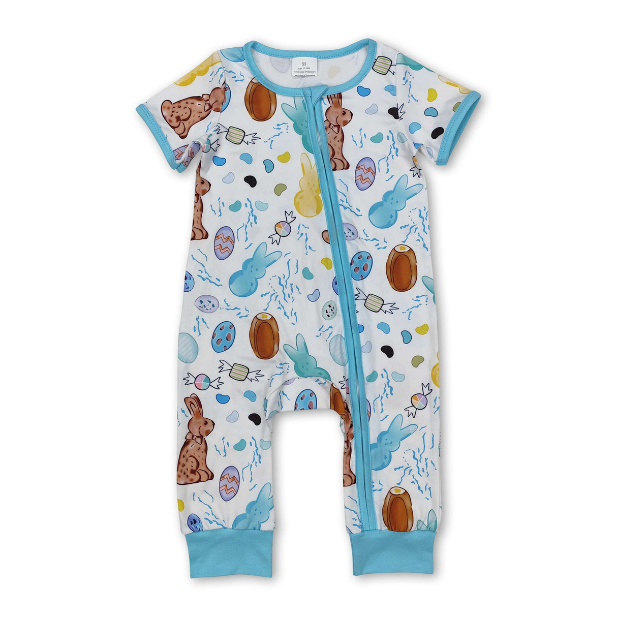 Blue short sleeves eggs rabbit baby boys Easter zip romper