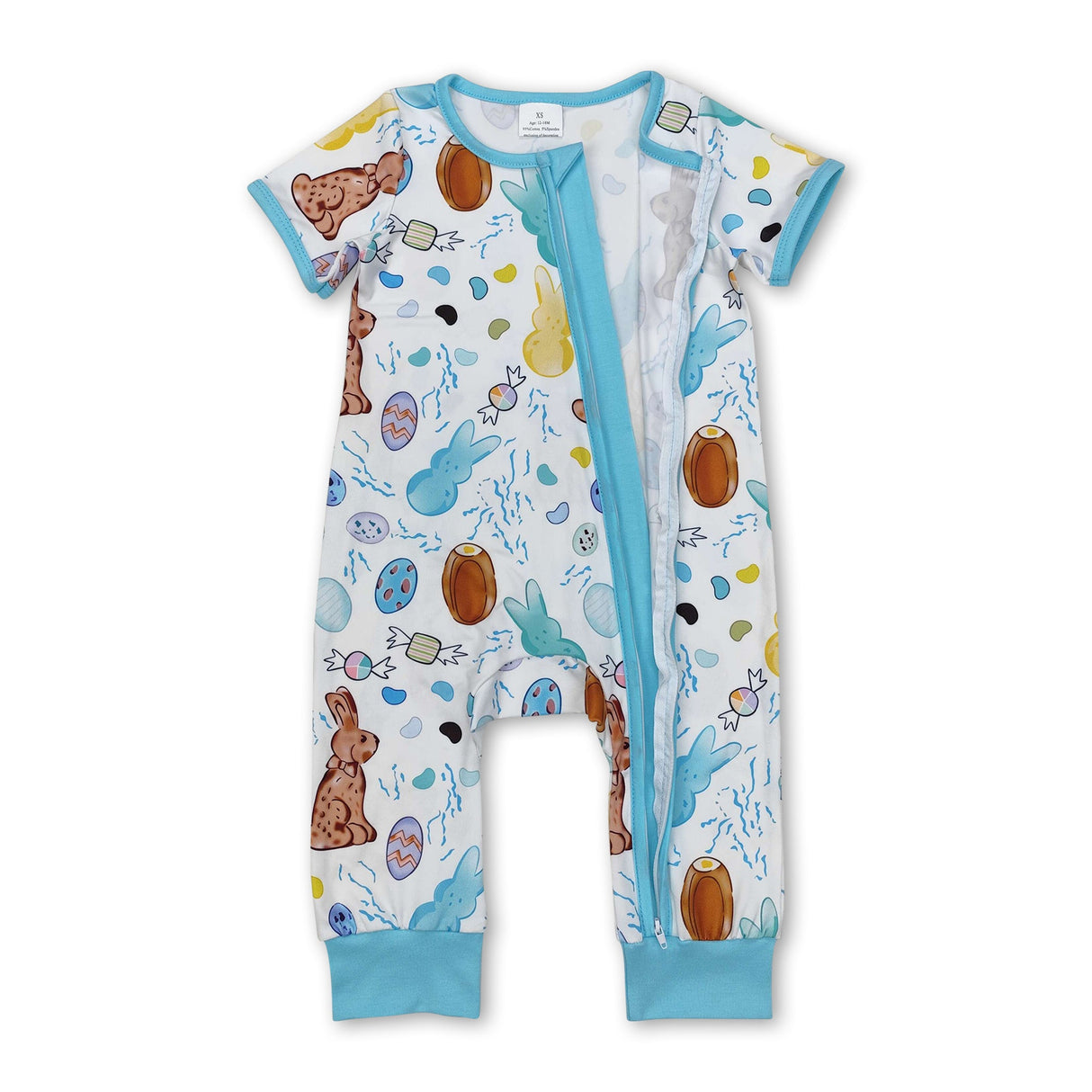 Blue short sleeves eggs rabbit baby boys Easter zip romper