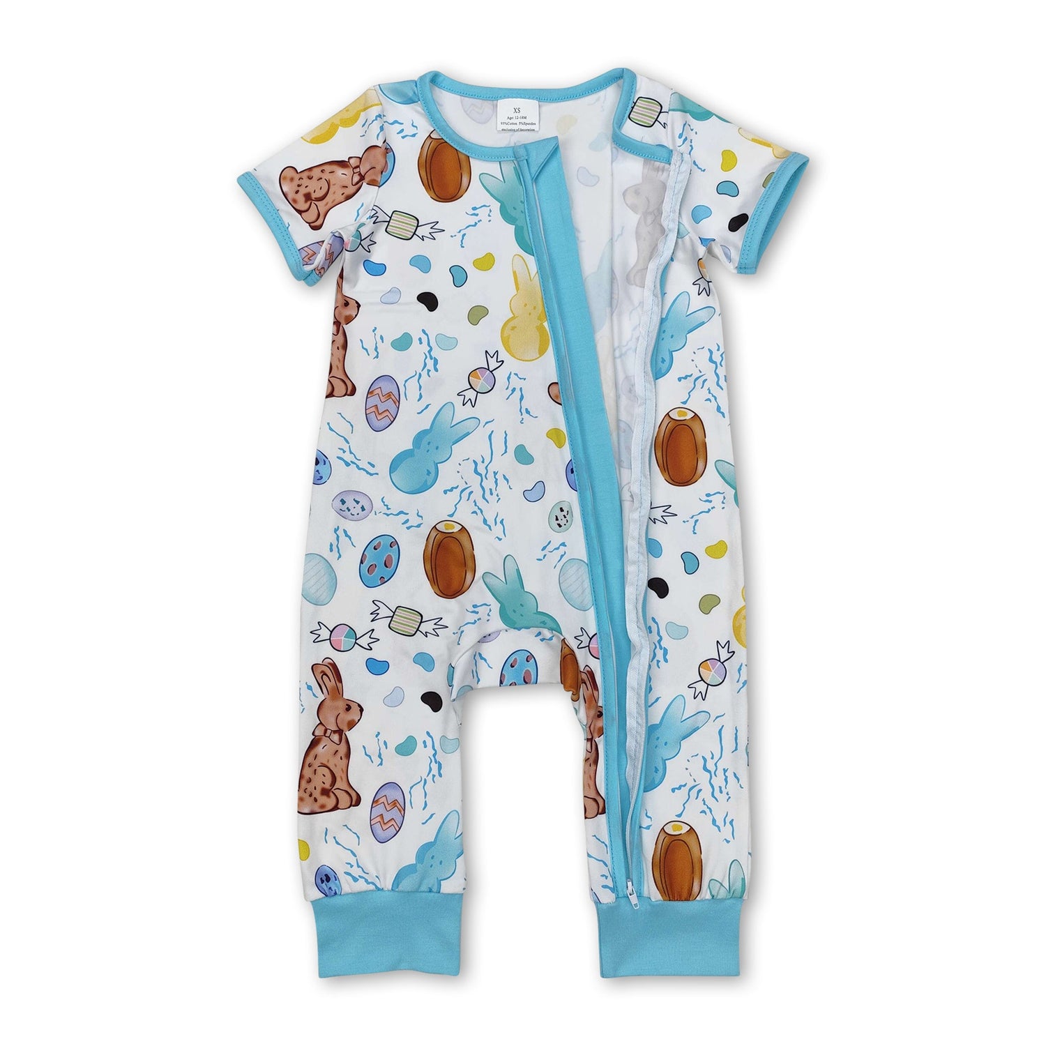 Blue short sleeves eggs rabbit baby boys Easter zip romper