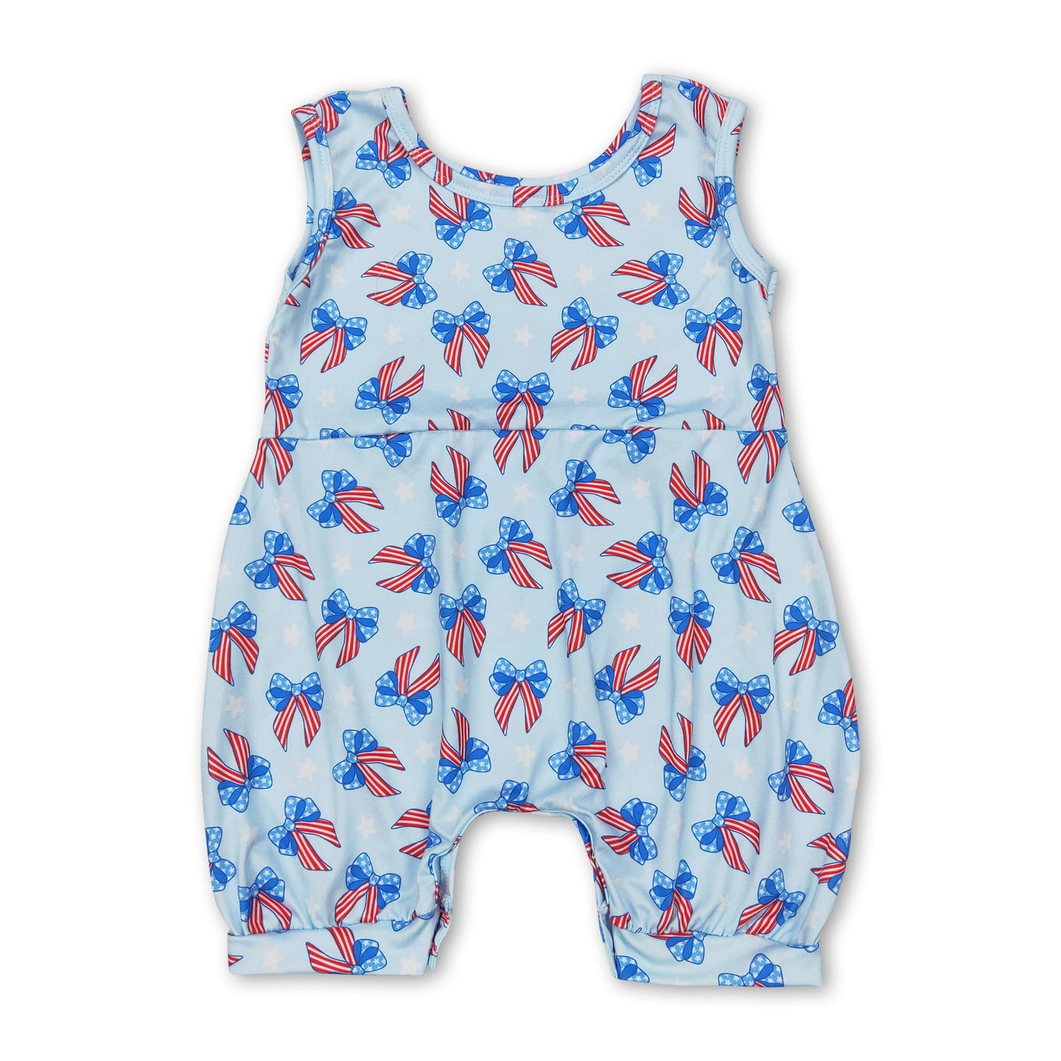 Straps light blue stars stripe bow baby girls 4th of july romper