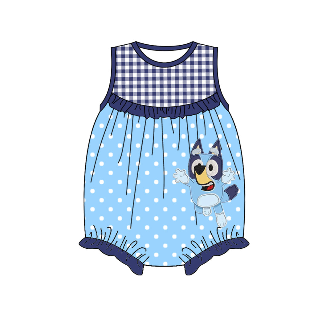 Blue sleeveless plaid dog baby girls summer romper