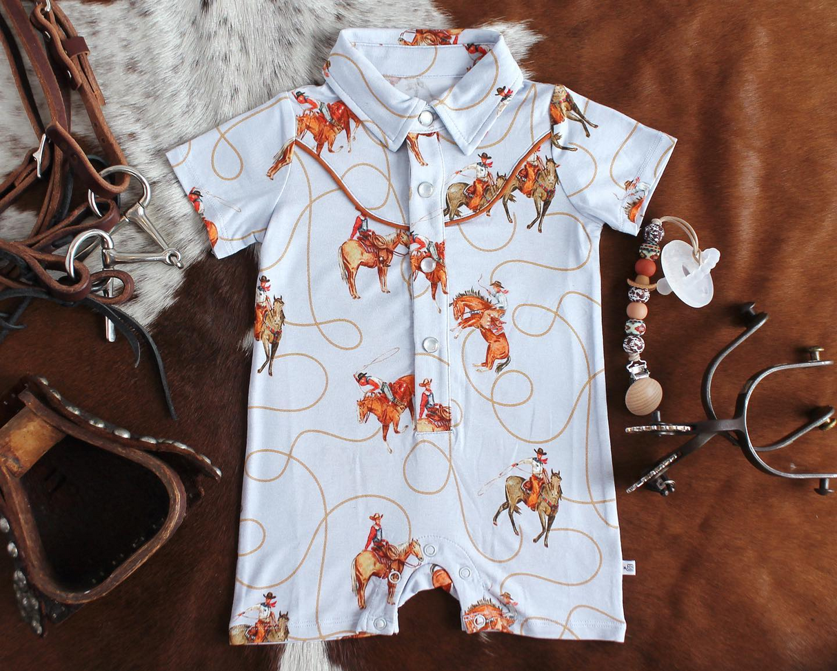 Short sleeves rodeo horse western baby boy polo romper