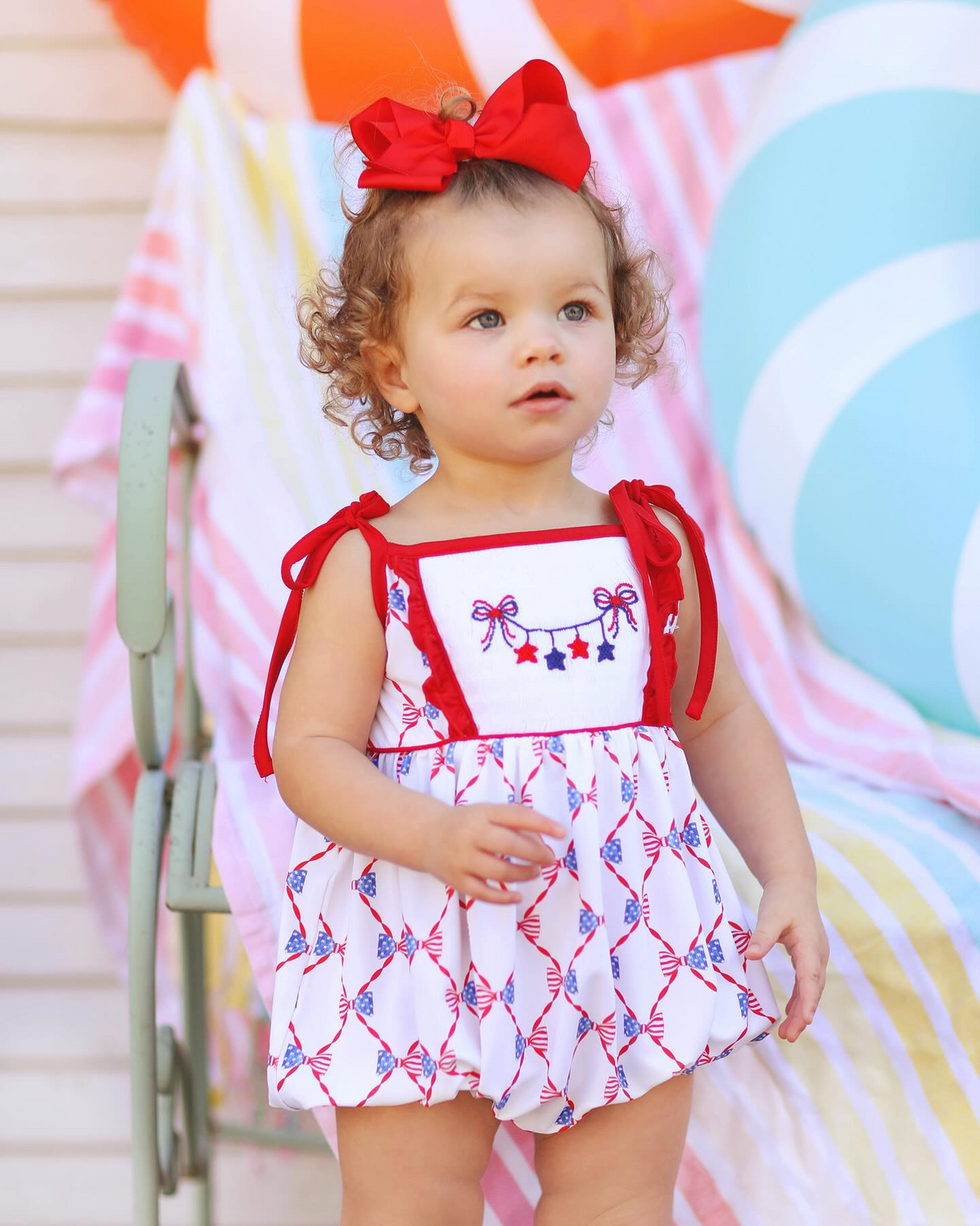 Straps stars red blue bow baby girls 4th of july romper