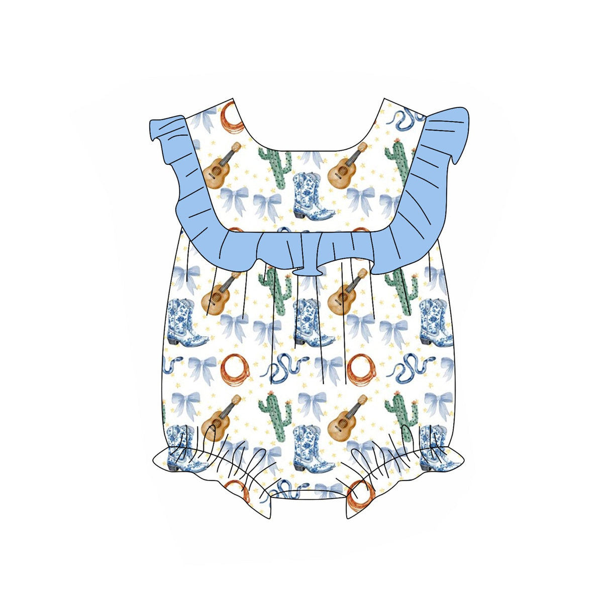 Light blue ruffle guitar boots western baby girls romper