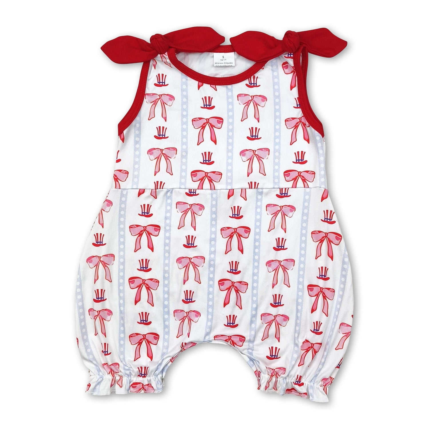 Sleeveless red bow baby girls 4th of july romper