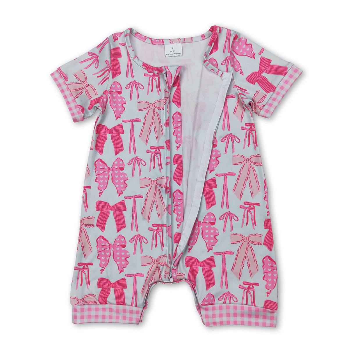Pink plaid short sleeves bow baby girls zipper romper