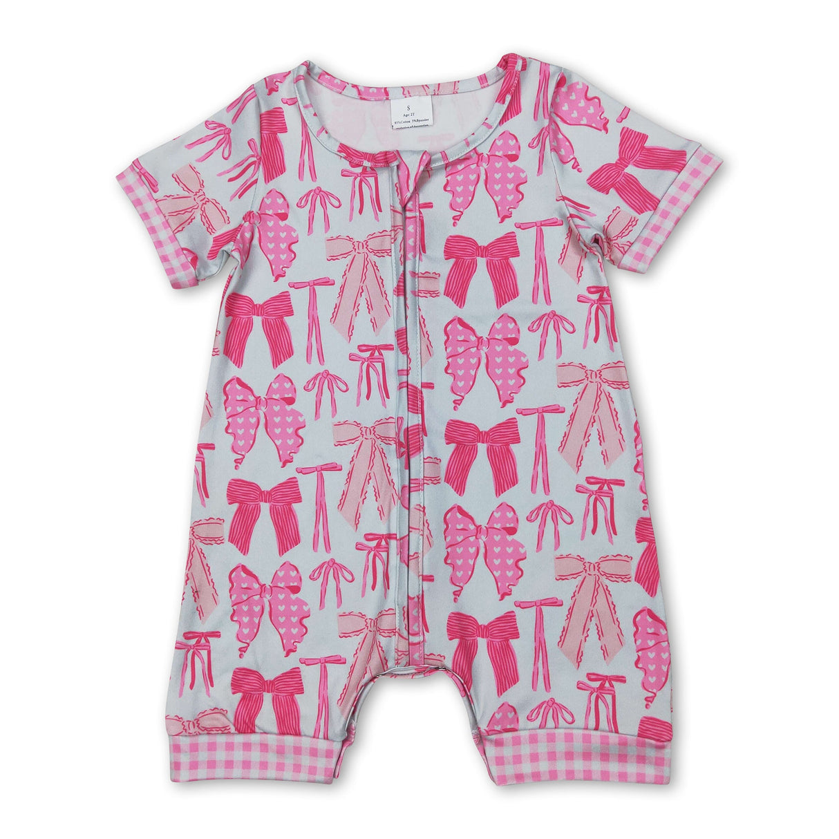 Pink plaid short sleeves bow baby girls zipper romper