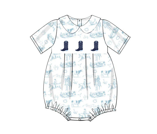 Short sleeves light blue rodeo western boots baby romper