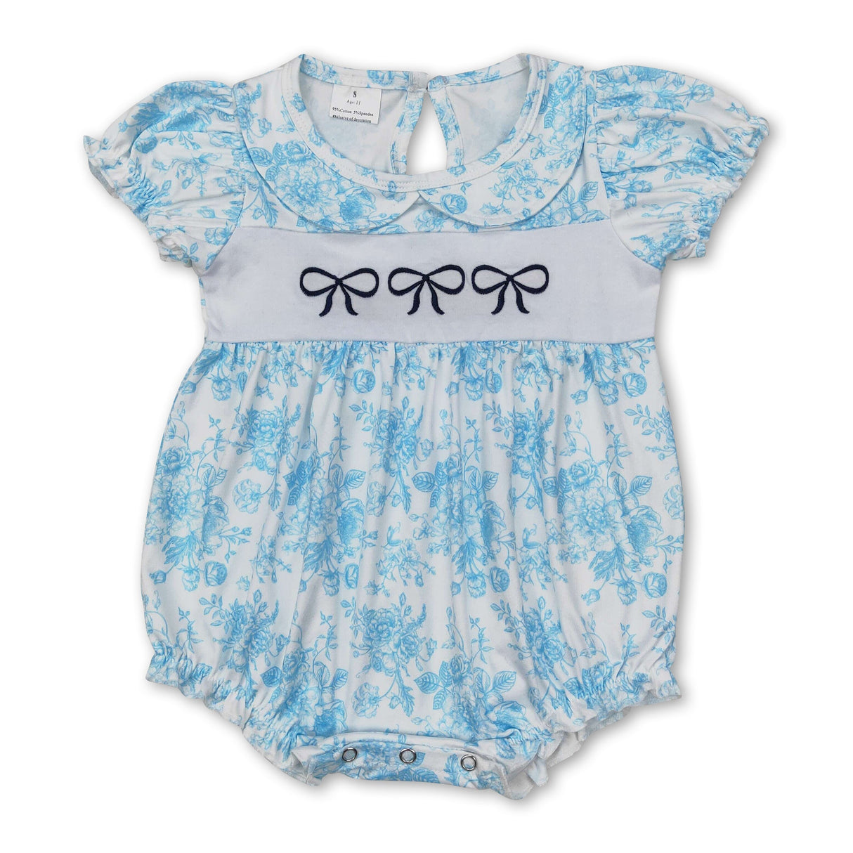 Short sleeves light blue floral bow baby girls summer romper
