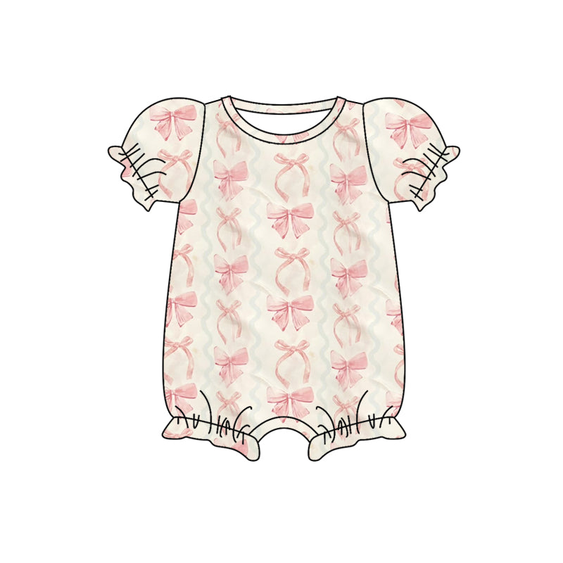 Short sleeves pink bow beige baby girls summer romper