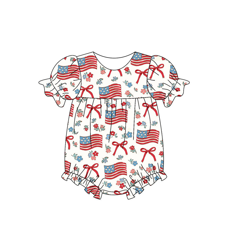 Short sleeves floral flag bow baby girls 4th of july romper