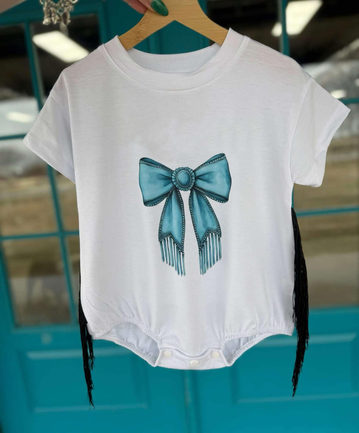 Short sleeves turquoise bow tassels western baby romper