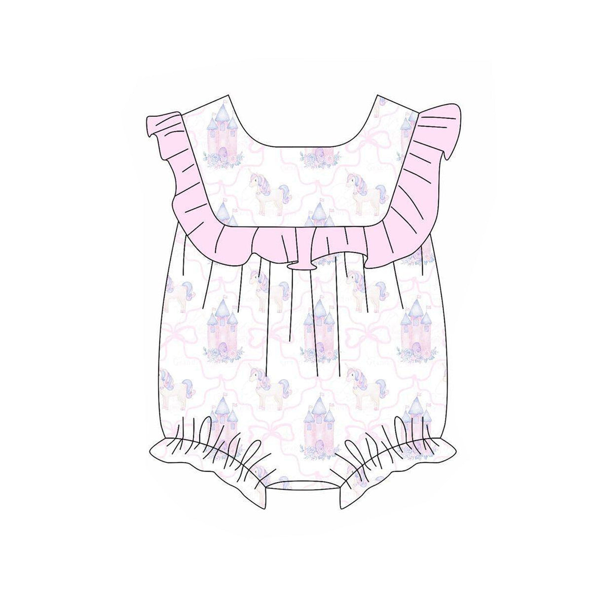 Pink ruffle castle unicorn bow baby girls romper