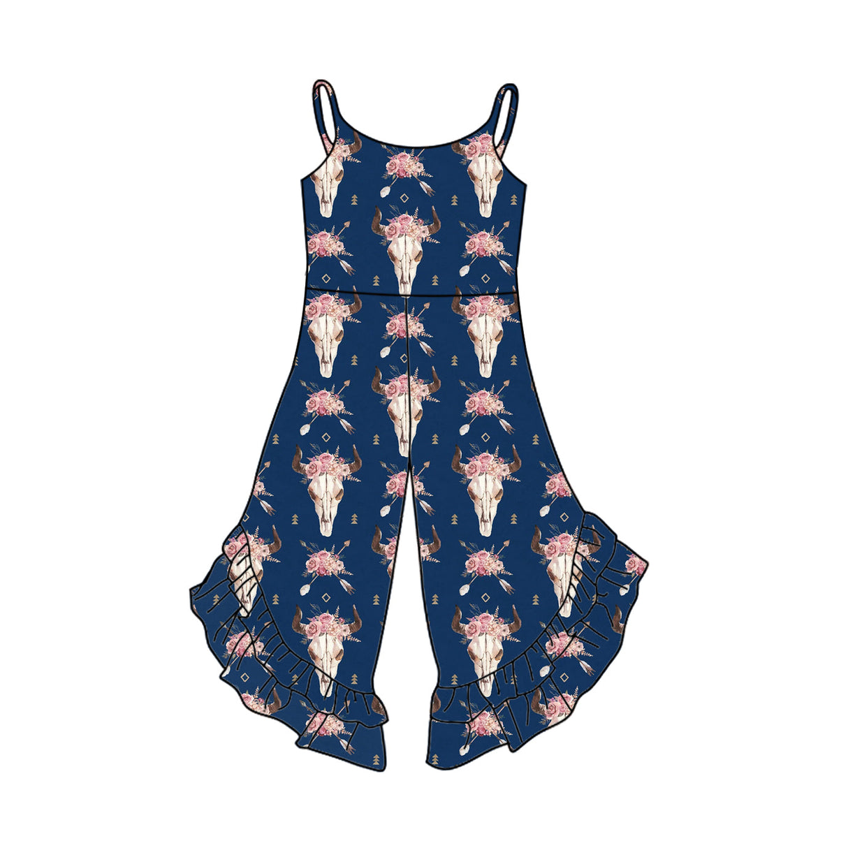 Straps navy bull skull floral arrow ruffle baby girls jumpsuit