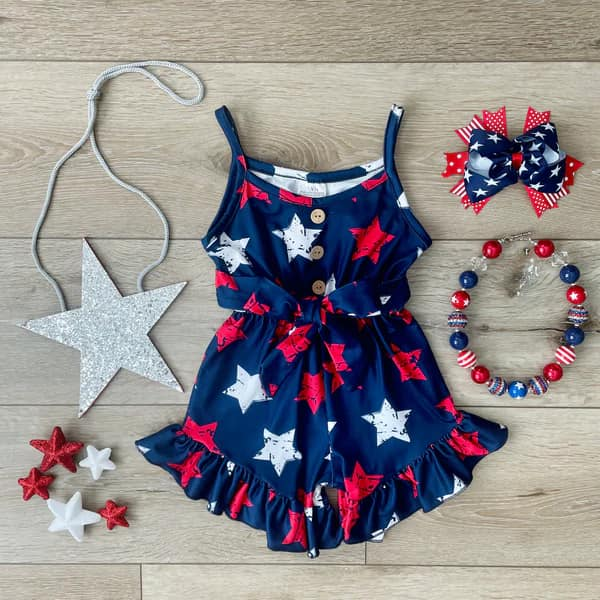 Straps navy red white stars girls 4th of july jumpsuit
