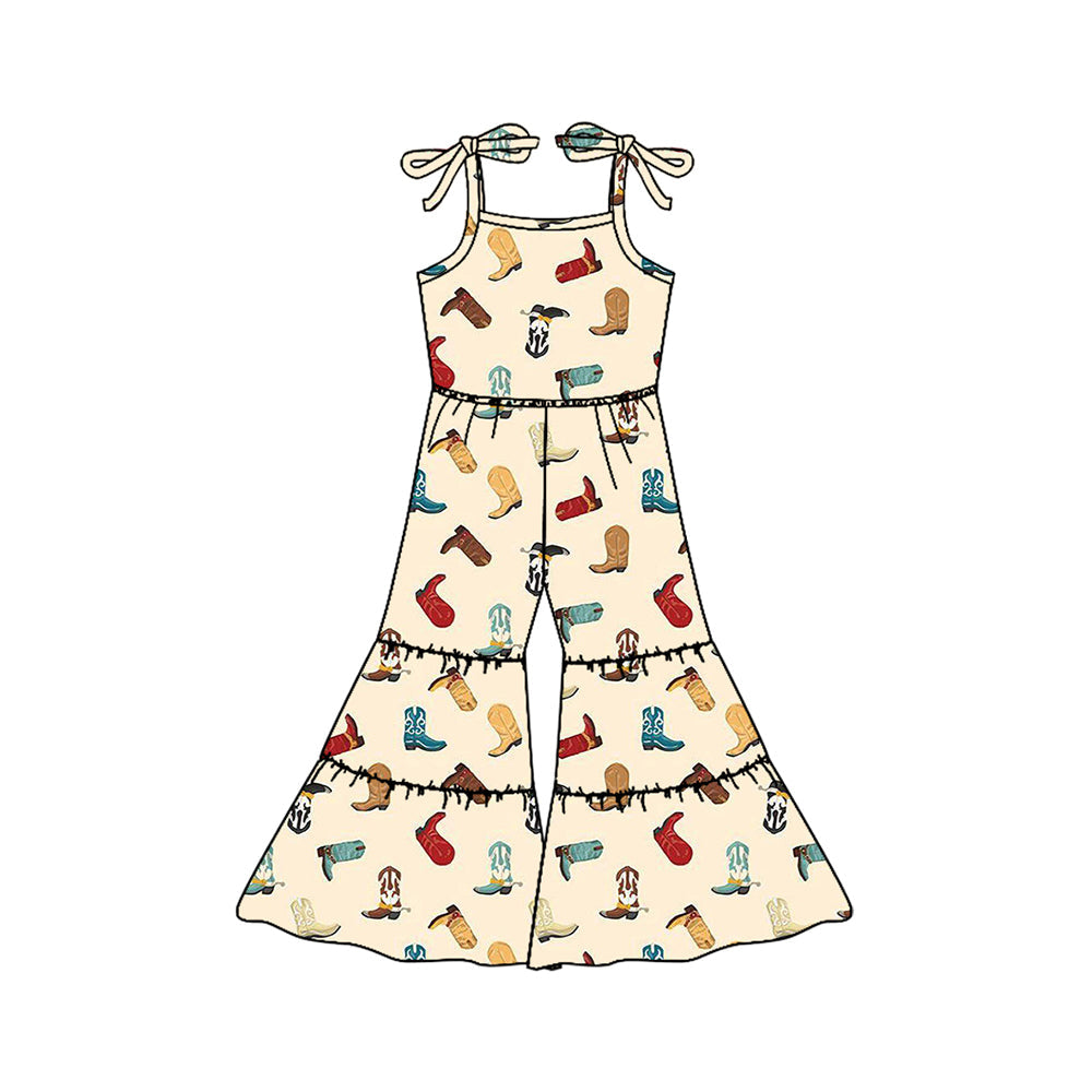 Straps boots patchwork western kids girls jumpsuit