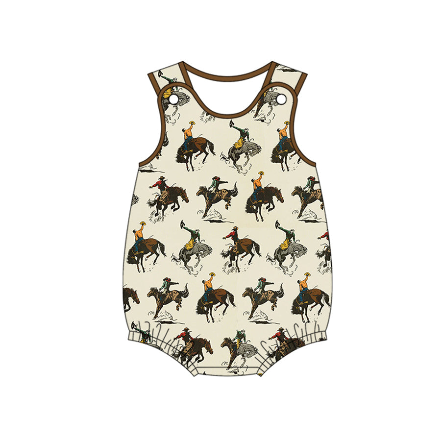 Brown sleeveless horse rodeo western baby boy romper