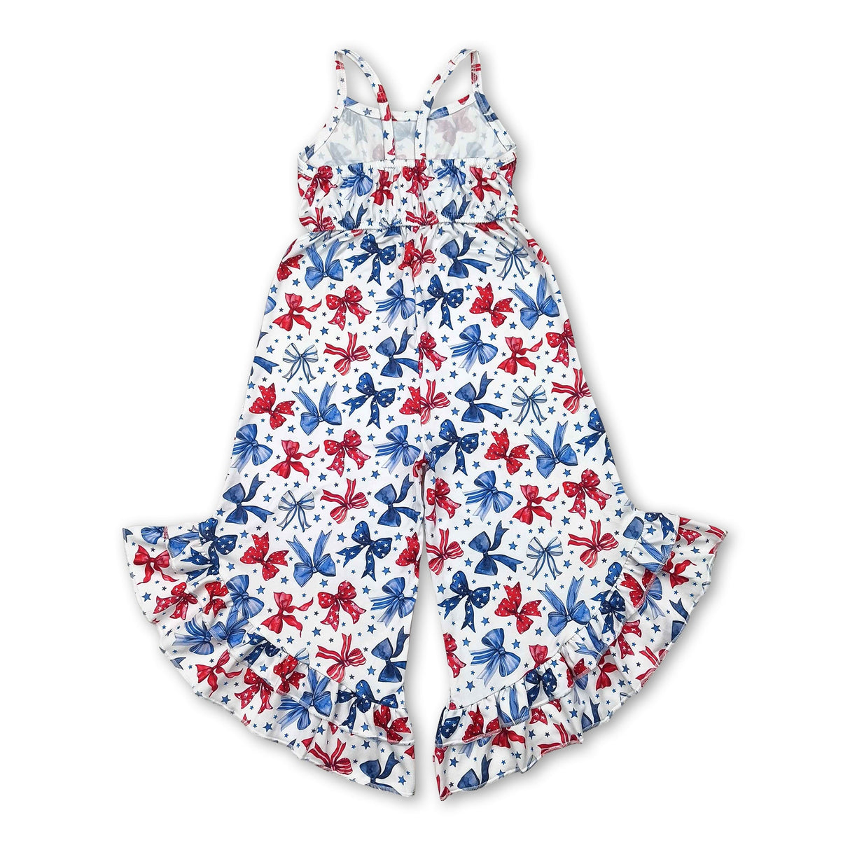 Straps stars blue red bow girls 4th of july jumpsuit