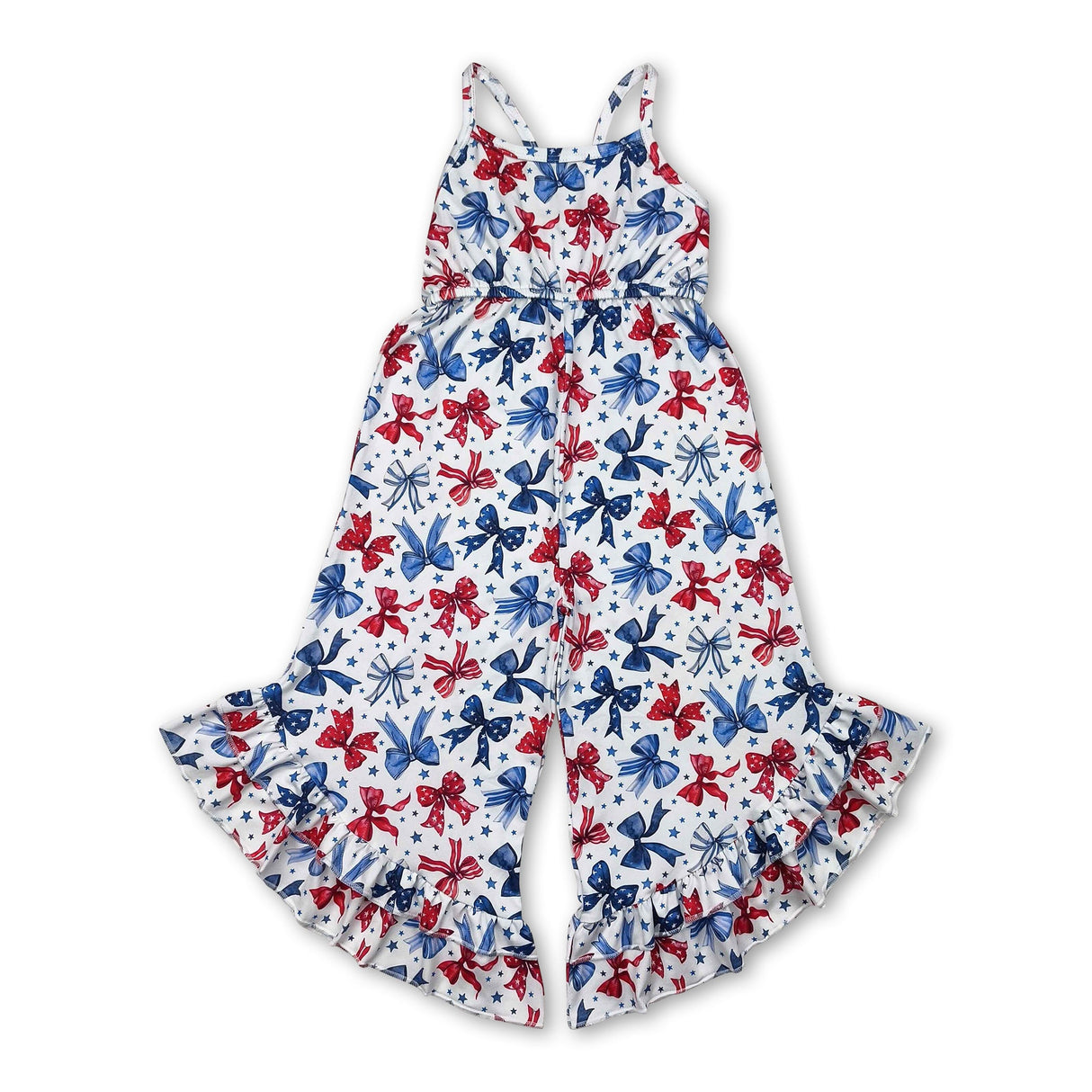 Straps stars blue red bow girls 4th of july jumpsuit