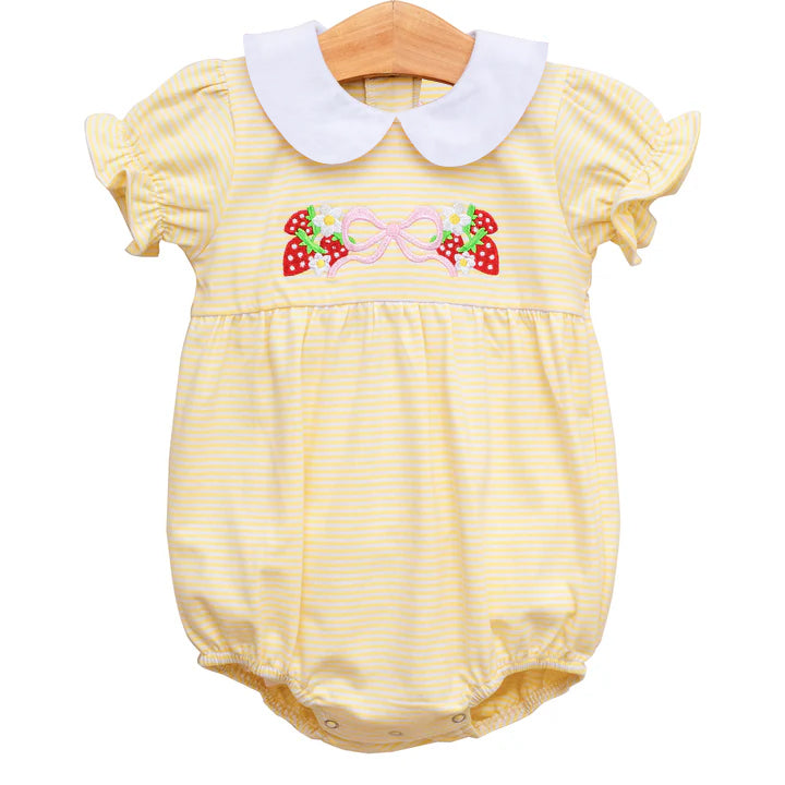 Short sleeves yellow stripe strawberry bow baby girls romper