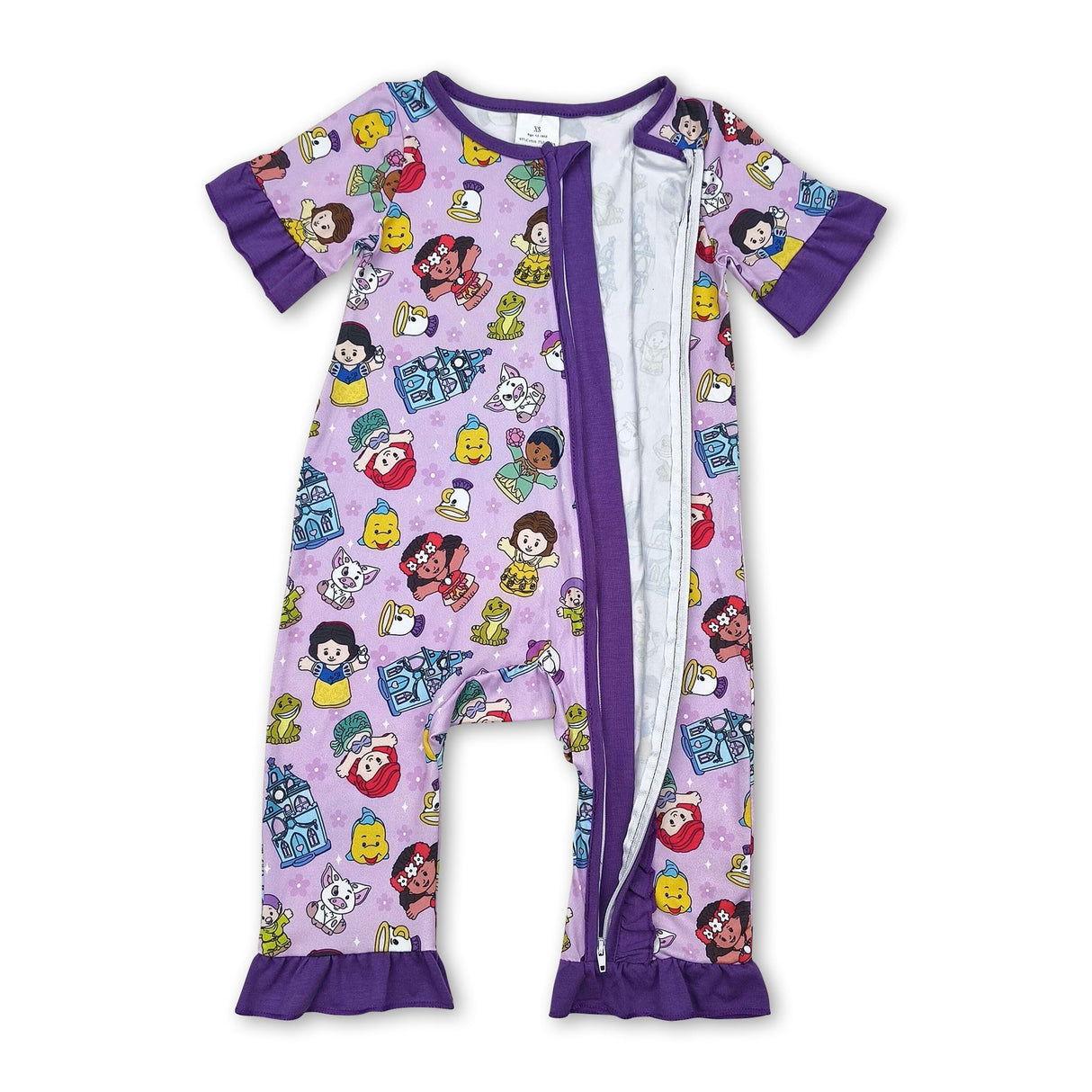 Short sleeves purple ruffle princess baby girls zipper romper