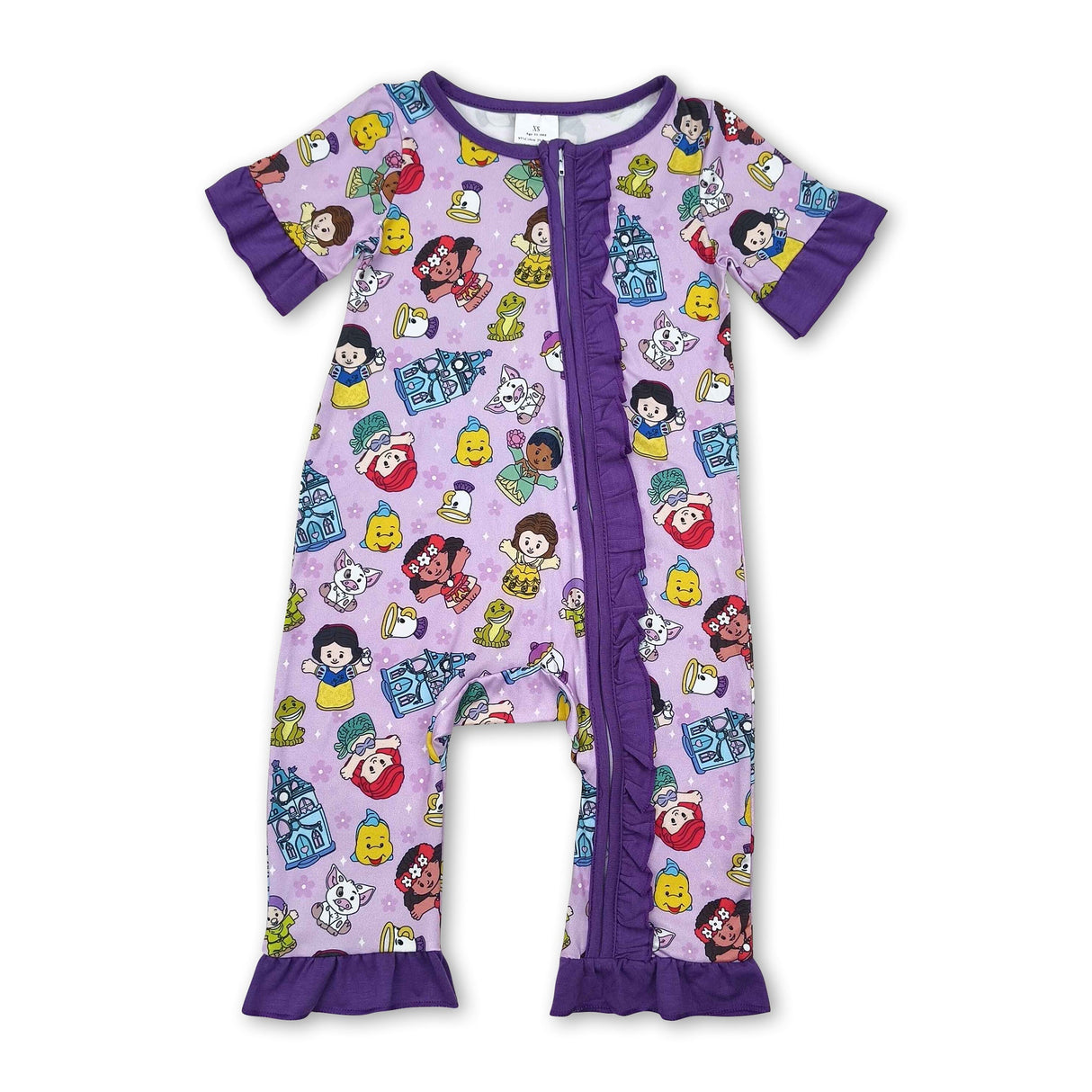 Short sleeves purple ruffle princess baby girls zipper romper