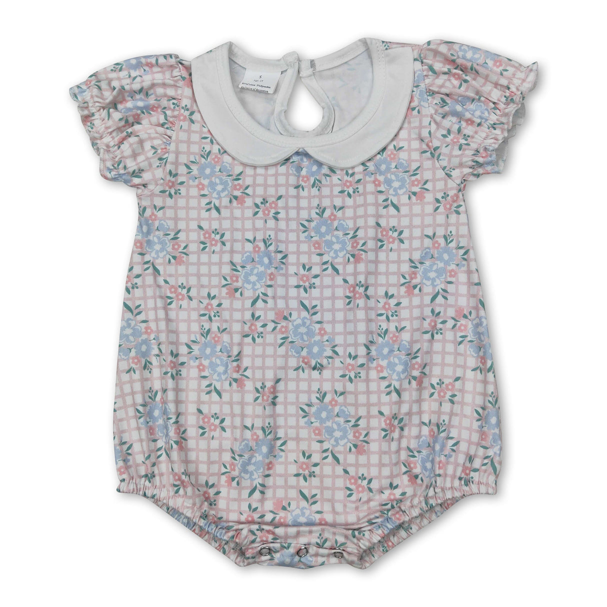 Short sleeves pink plaid floral baby girls romper