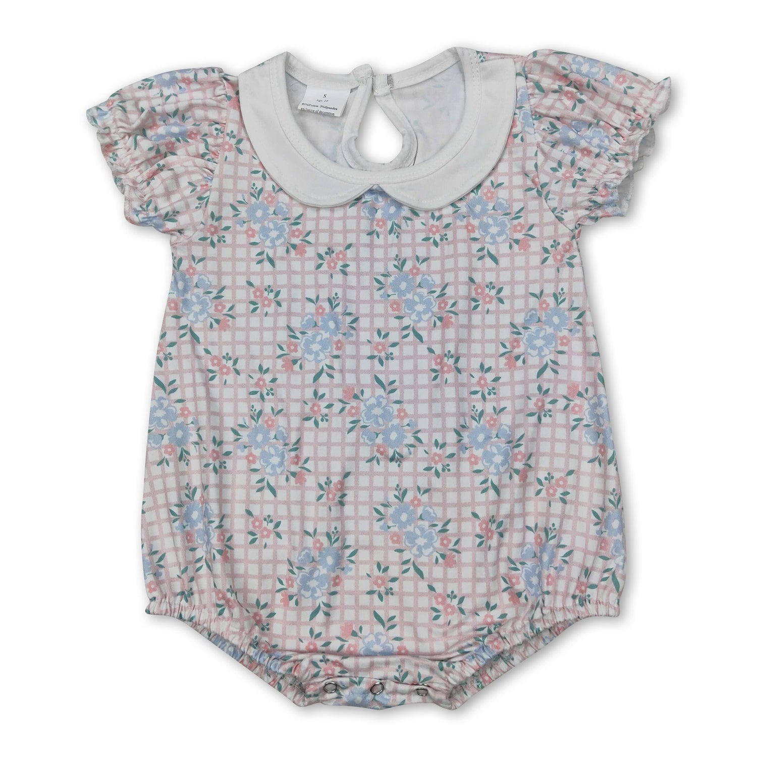 Short sleeves pink plaid floral baby girls romper