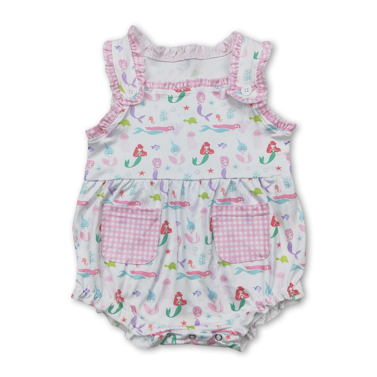 Sleeveless plaid pockets octopus fish turtle baby girls romper