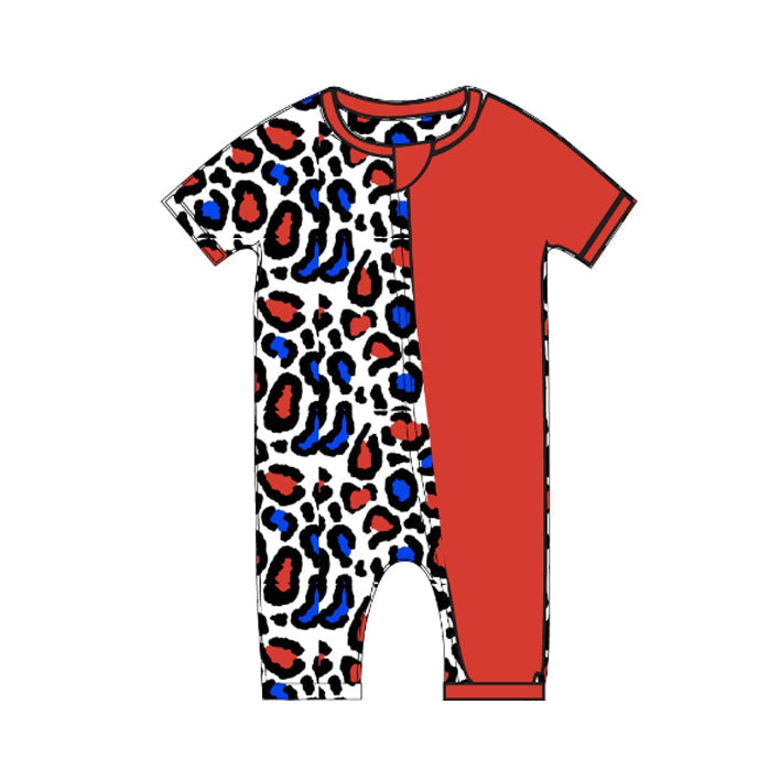 Red blue leopard baby kids 4th of july zipper romper