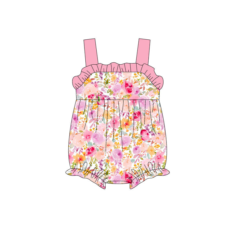 Pink straps ruffle floral baby girls summer romper