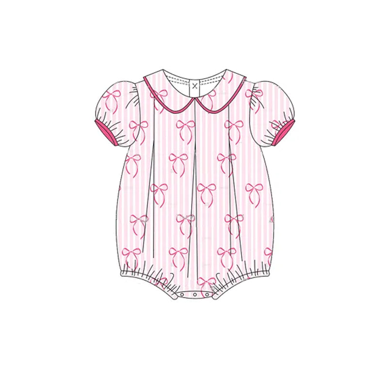 Short sleeves pink bow stripe baby girls summer romper