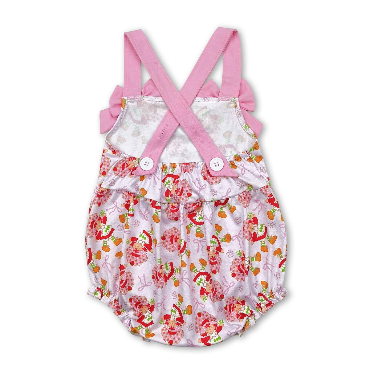 Pink straps strawberry bow baby girls summer romper