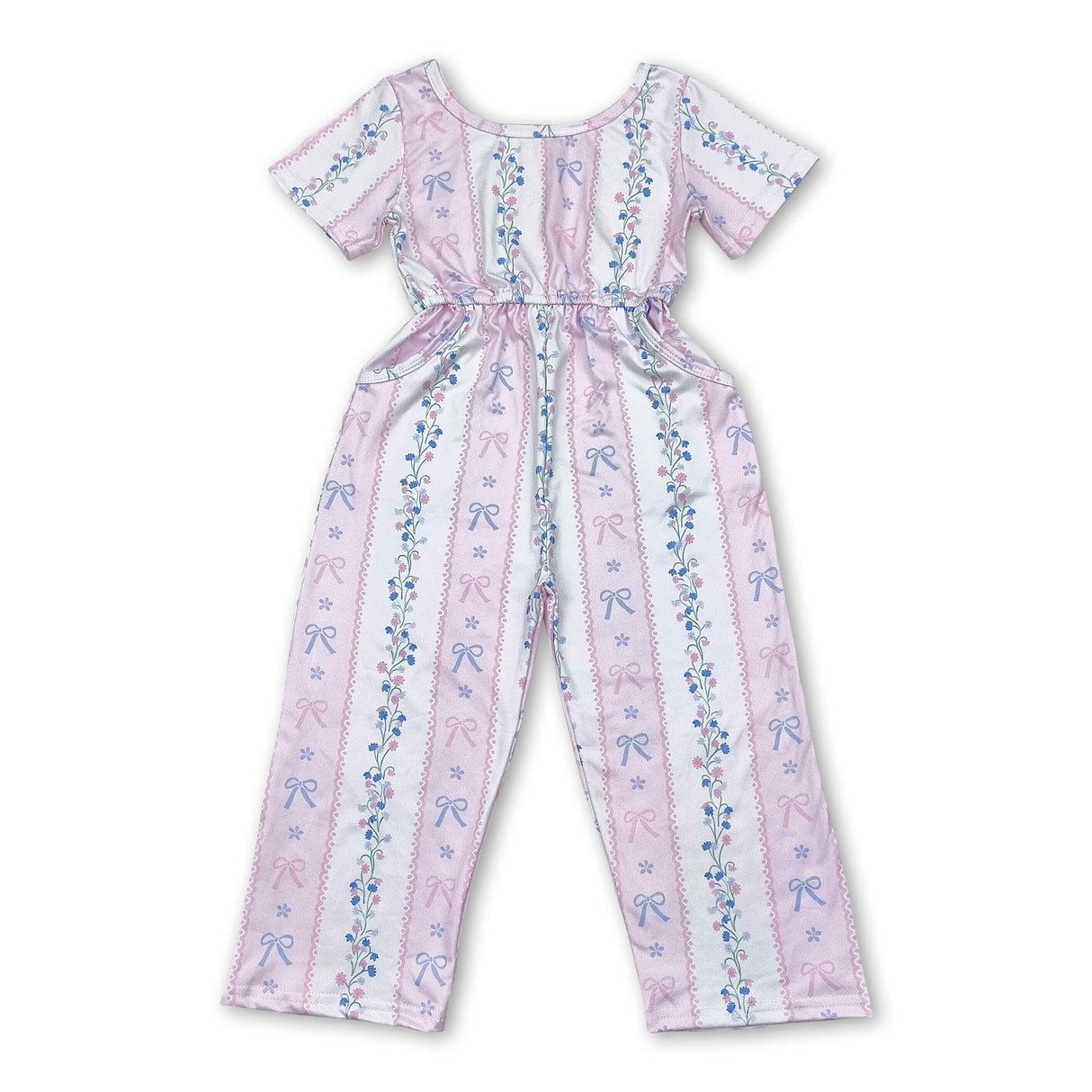 Short sleeves pink bow floral pockets girls jumpsuit